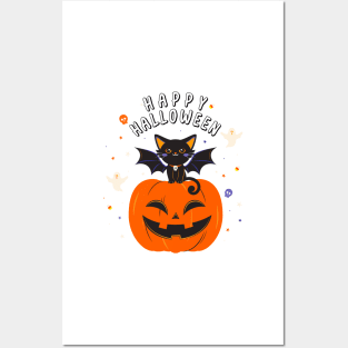 Happy halloween With cat and Pumpkin Posters and Art